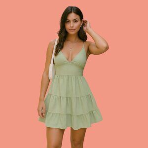 SHEIN Sage Green Tiered Mini Dress w/ Open Back Tie (Size L / 8-10)